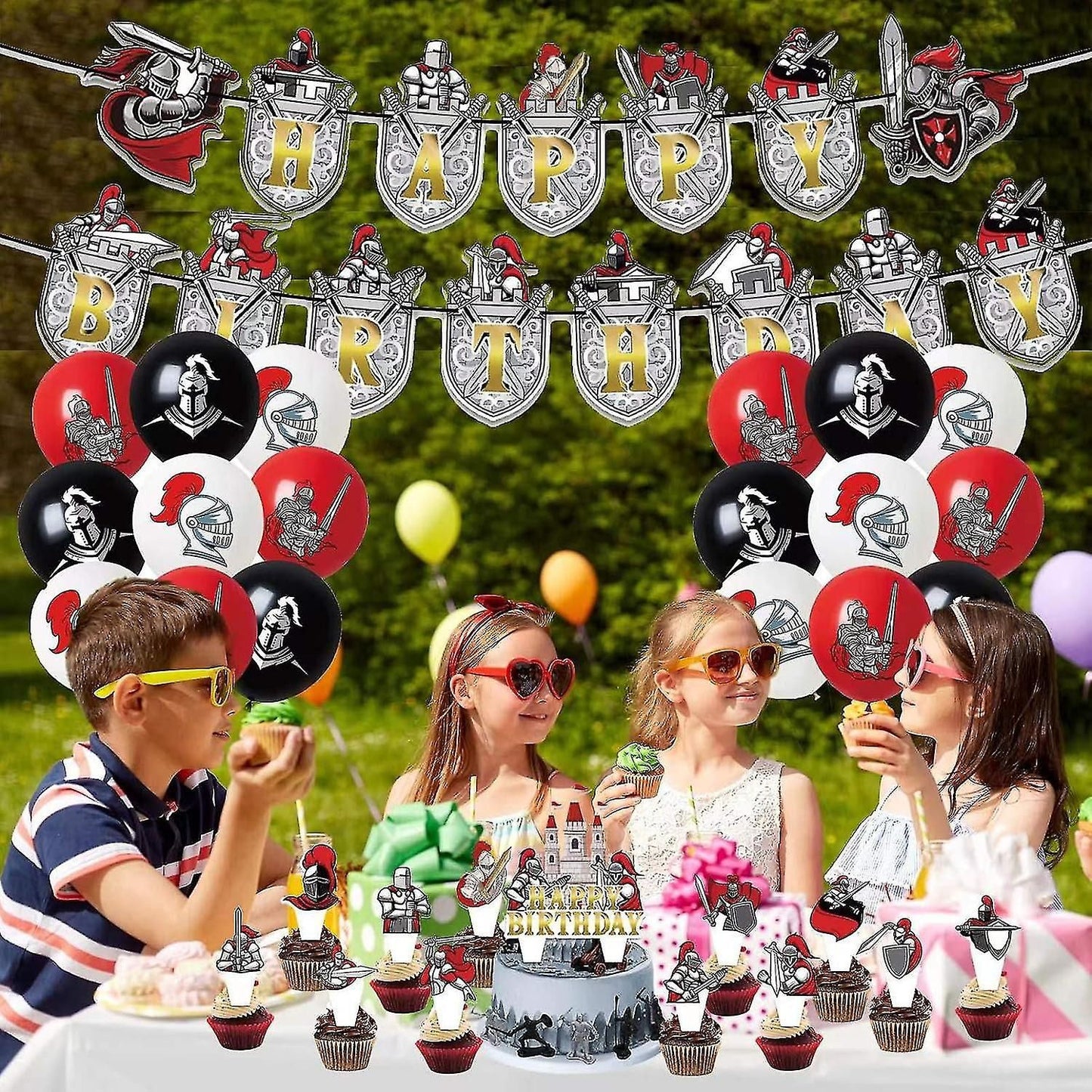 32pcs Luftballons Ritter, Kreuzritter, Mittelalter Grüne Geburtstagsdeko, Party Flaggen Kuchen Set