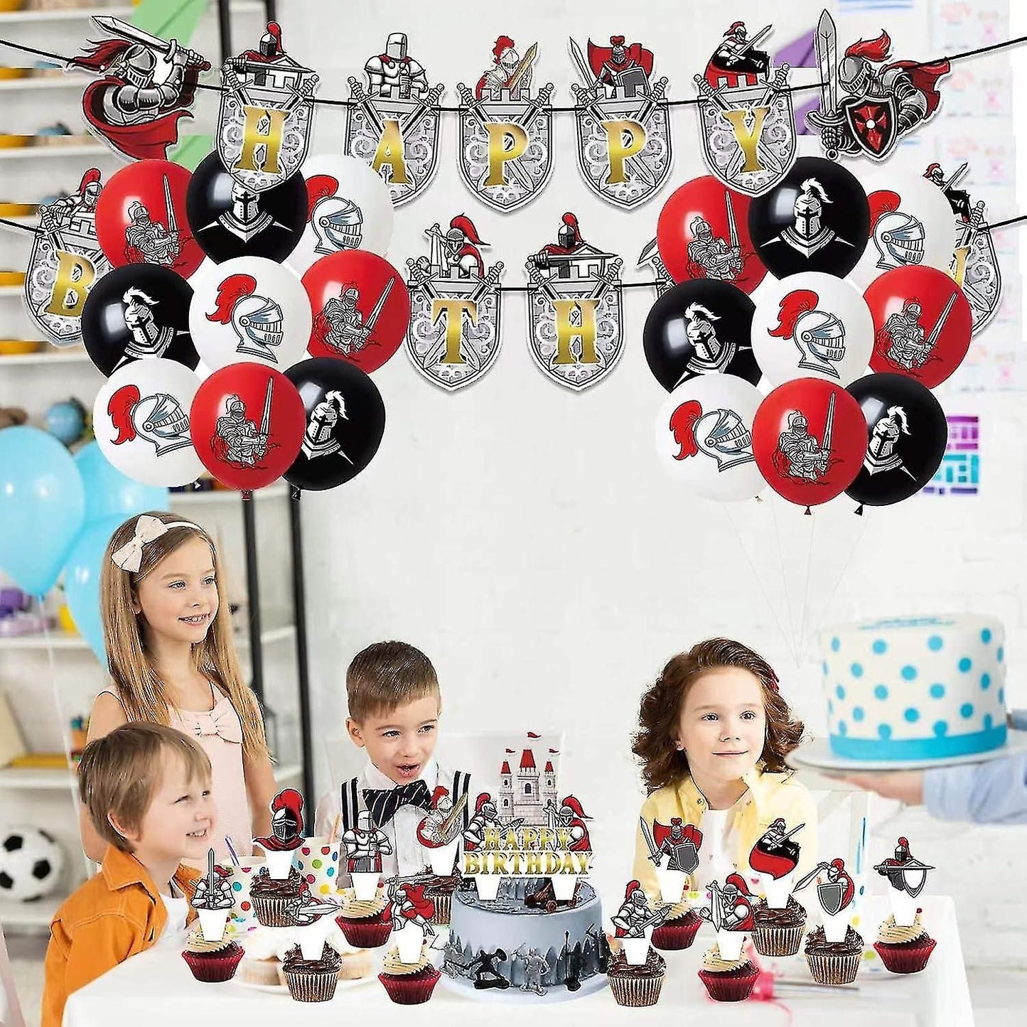 32pcs Luftballons Ritter, Kreuzritter, Mittelalter Grüne Geburtstagsdeko, Party Flaggen Kuchen Set