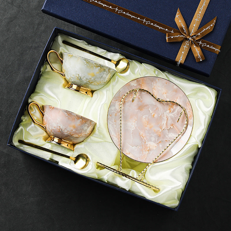 Pink Grey Marble Tea Cup and Saucer Set with Gift Box and Holder