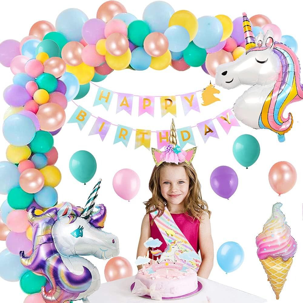 62pcs Luftballons Bogen Einhorn, Regenbogen Grüne Geburtstagsdeko, Party Flaggen Kuchen Set