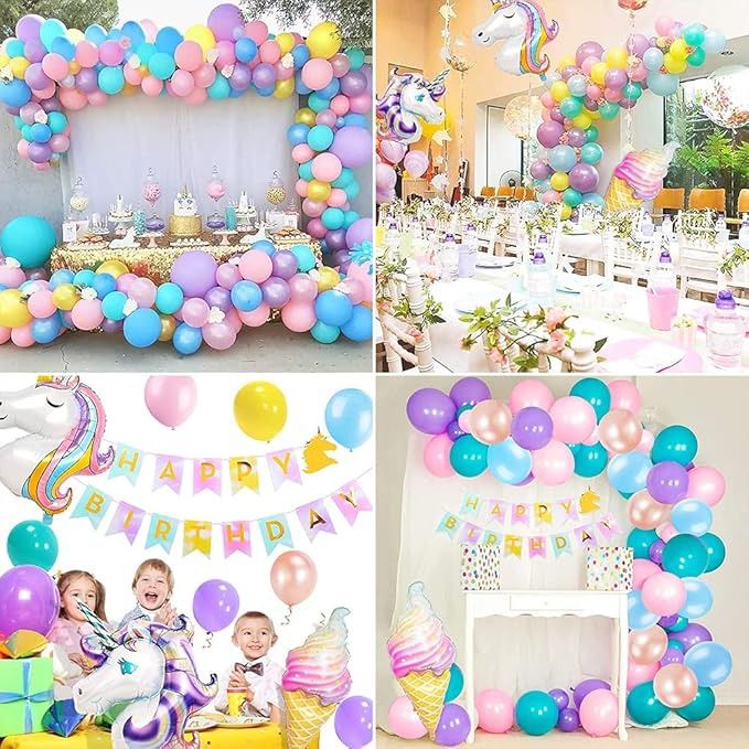 62pcs Luftballons Bogen Einhorn, Regenbogen Grüne Geburtstagsdeko, Party Flaggen Kuchen Set