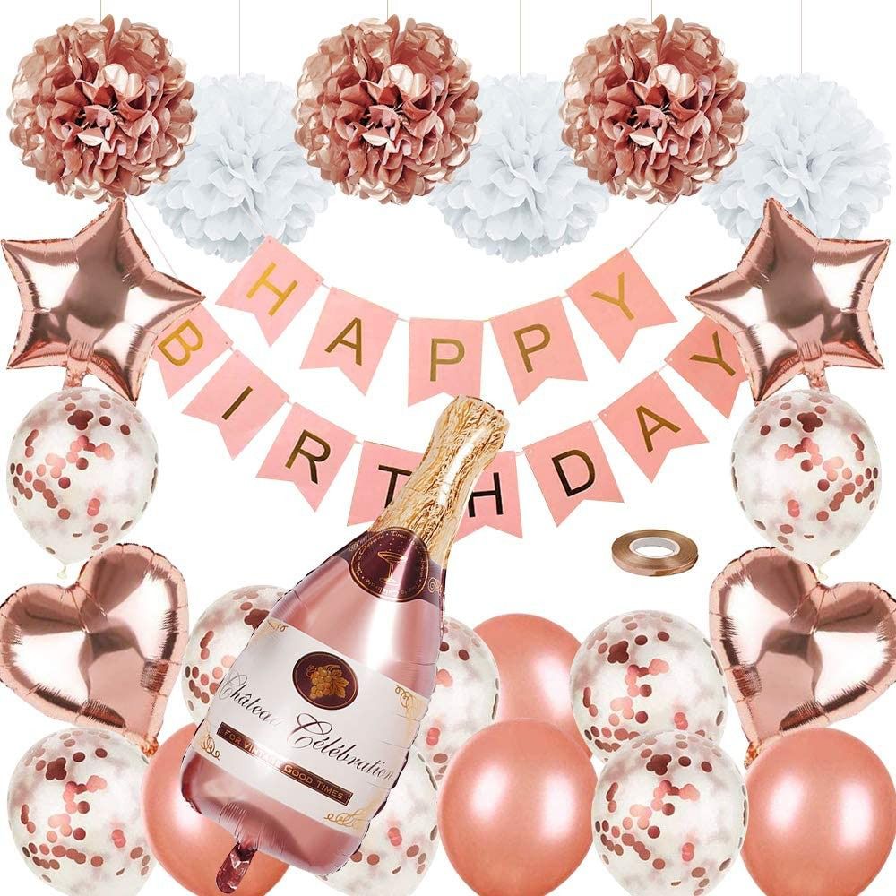 34pcs Rose Gold Champagne Bottle Balloons Girls Birthday Party Decorations