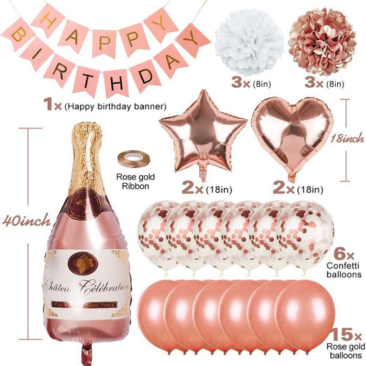 34pcs Luftballons Champagnerflasche, Roségold Grüne Geburtstagsdeko, Party Flaggen Kuchen Set