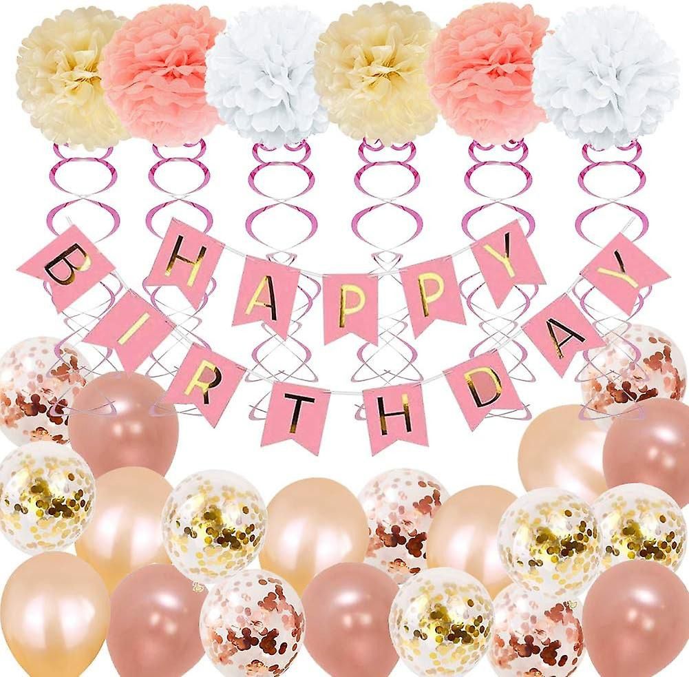 39pcs Luftballons Roségold Champagner, Geburtstagsdeko, Party Flaggen Kuchen Set