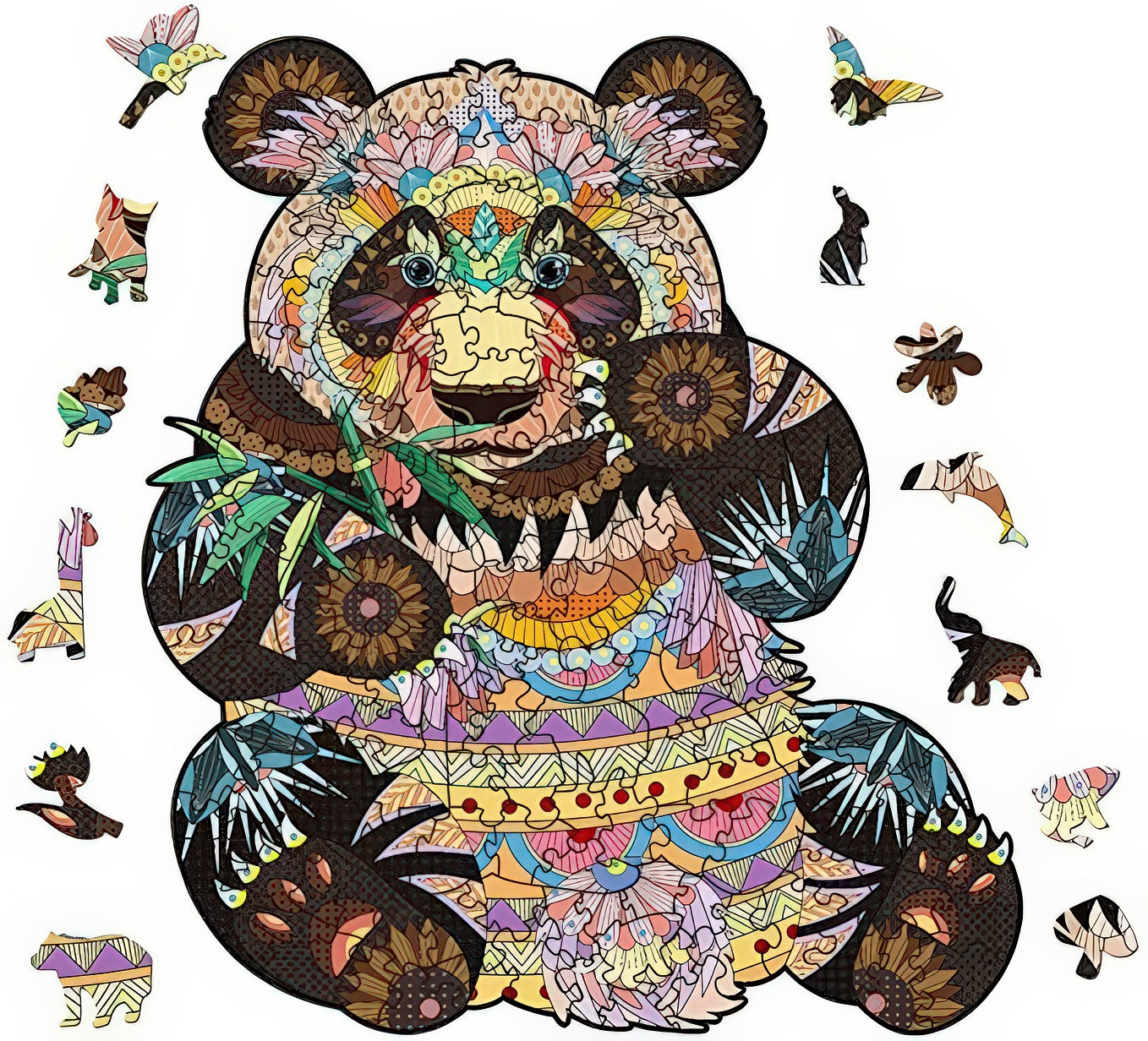 Buntes Pandabär-Puzzle in Tierform aus Holz mit unregelmäßigen Teilen