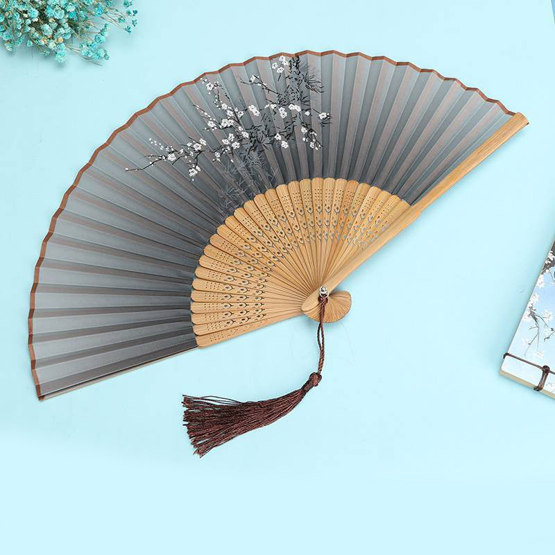 White Plum Bamboo Silk Folding Hand Decoratve Fan with Tassels