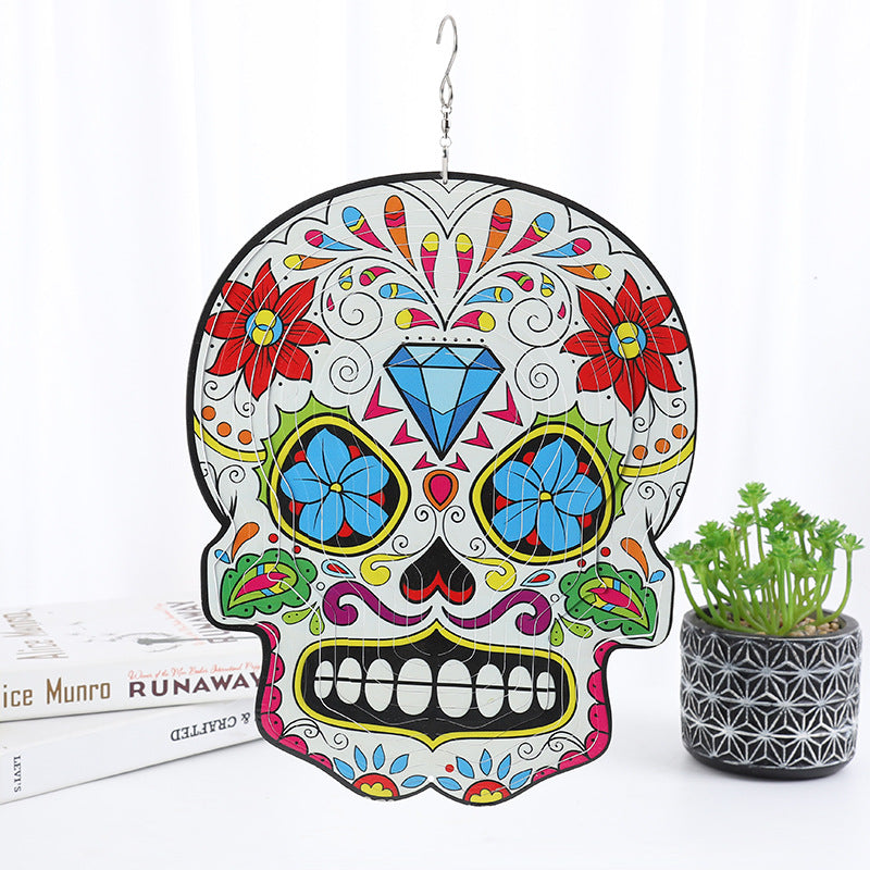 Hanging Sugar Skull Wind Spinner Colorful Reflective Stainless Steel Garden Spinners
