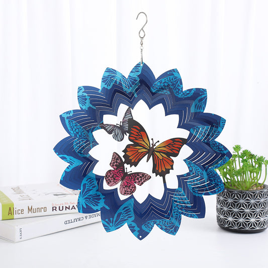 Colorful Butterfly Blue Triangle Circle Framed Hanging Reflective Wind Spinner