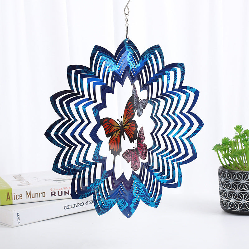 Colorful Butterfly Blue Triangle Circle Framed Hanging Reflective Wind Spinner