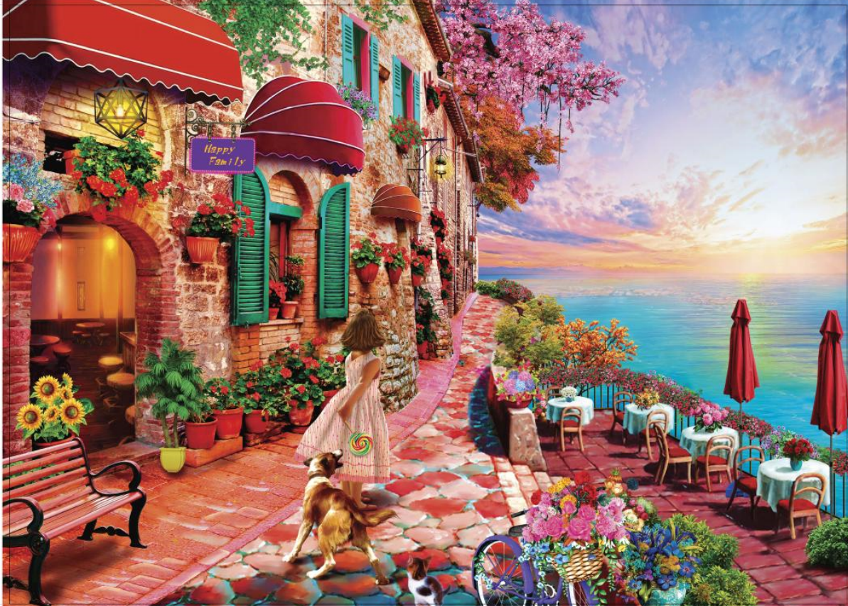 Vibrant Spring Floral Landscape Europe Samll Seaside Town 1000pcs Jigsaw Puzzle Fun Game