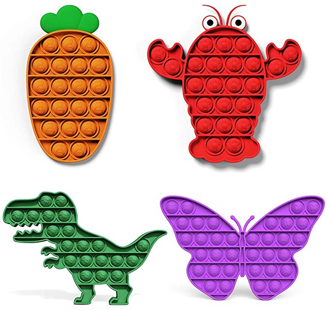 4 Pack Pop It Fidget Toy Kids Colorful Mini Bubble Sensory Carrot Crayfish Dinosaur Butterfly