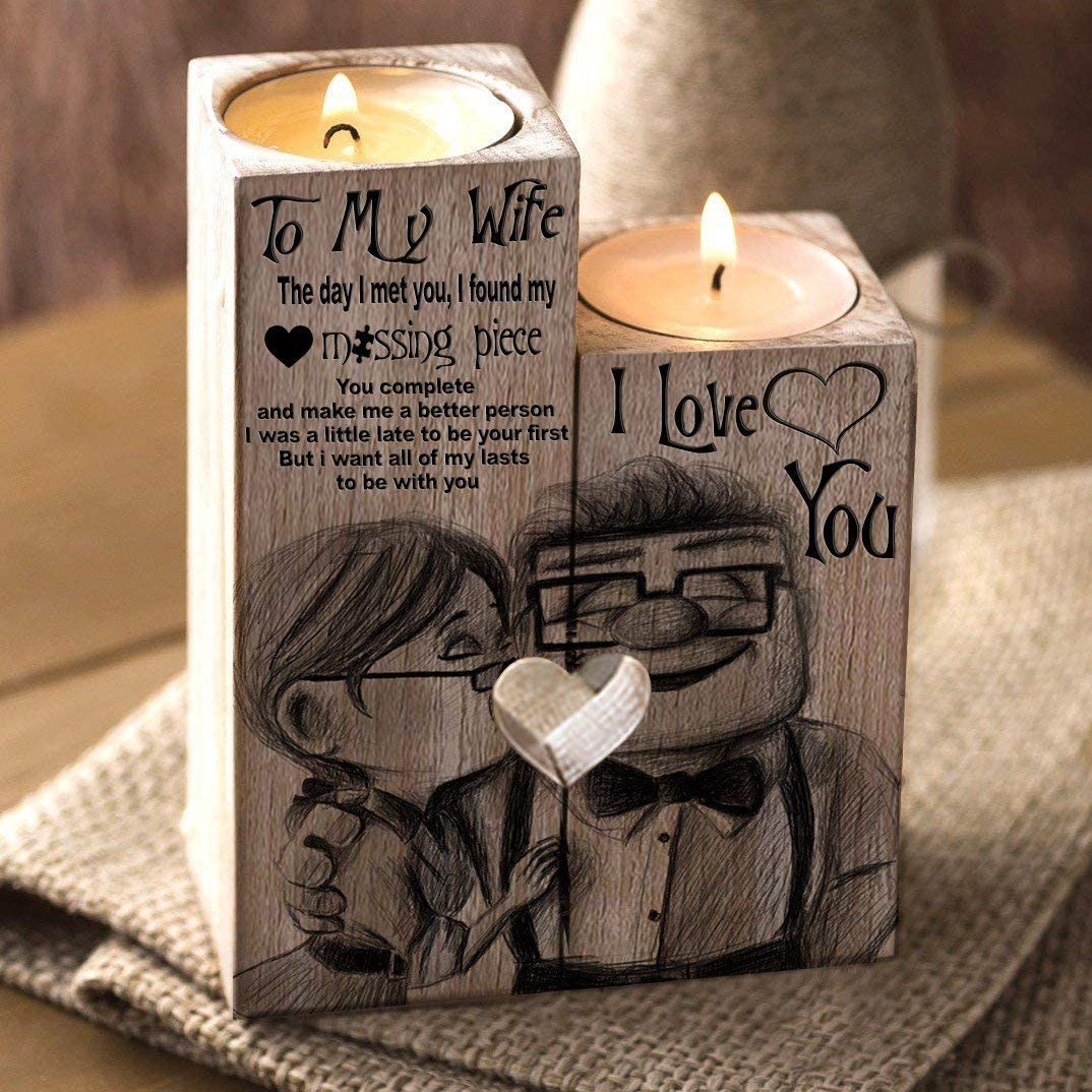 To Wife Engraved Wooden Heart Candel Holder Romantic Valentine Tea Light Holder