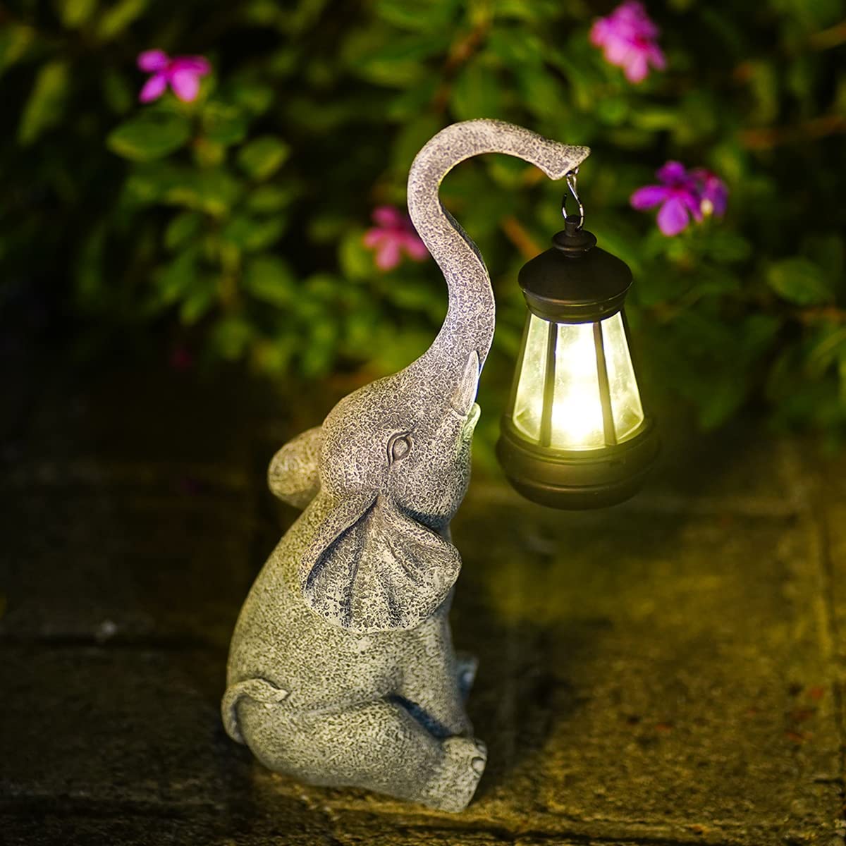 Grey Elephant Garden Statue with Lamp