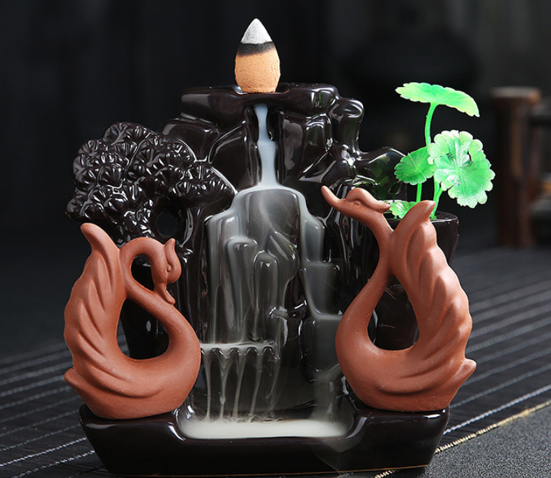 Cute Double Swan Double Deer Ceramics Waterfall Incense Burner for Modern Home Decor