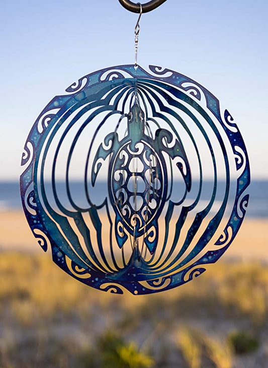 Tribal Navy Blue Sea Turtle Wind Spinner Kinetic 3D Metal Decorative Outdoor Garden Yard