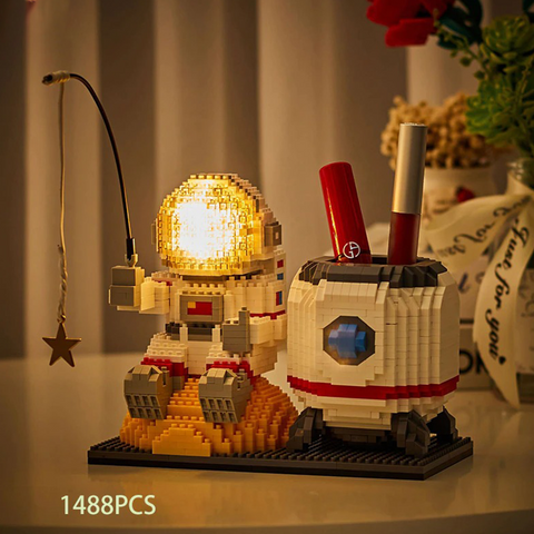 Fishing Astronaut Mini Building Blocks with Pen Holder, LED Lights