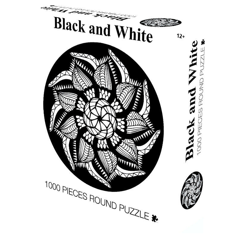 Black and White Mandala Blooming Flower 1000 Piece Circle Round Jigsaw Puzzles