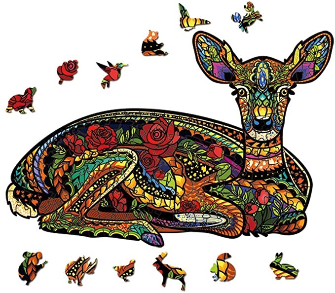Colorful Lying Deer Animal Shaped Jigsaw Puzzle Wooden Irregular Pieces