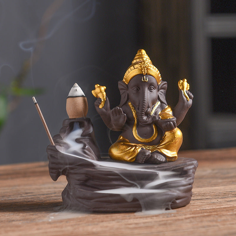 Brûleur d'encens à refoulement de fumée Ganesha indien éléphant doré