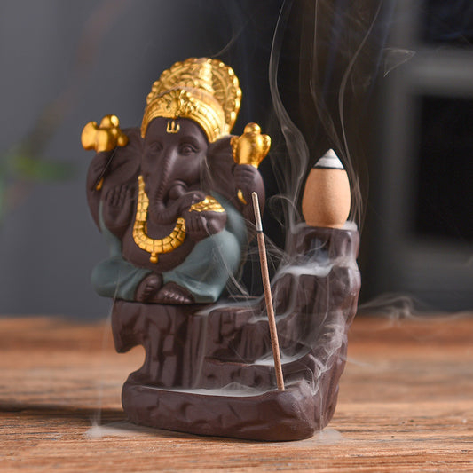 Golden Elephant Indian Ganesha Smoke Backflow Incense Burner