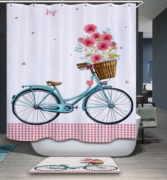 Greeting Spring Blue Bike with Flowers Shower Curtain