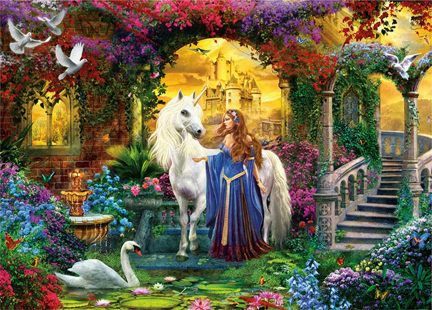 Belle princesse du château de fleurs avec licorne 1000 pièces Puzzles