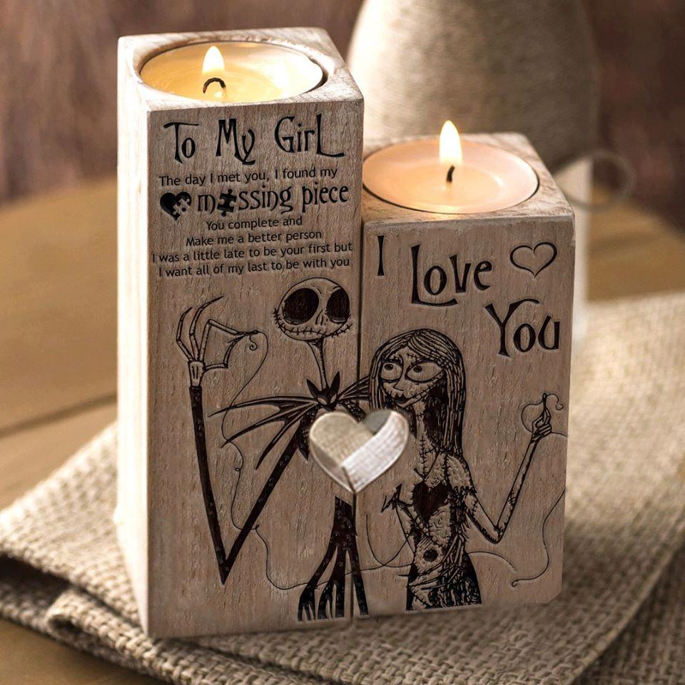 Halloween Engraved Wooden Heart Candle Holder Nightmare Before Christmas Tea Light Holder