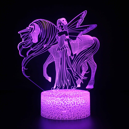 Belle Fée avec Licorne 3D Illusion LED Veilleuse pour Fille Cadeau
