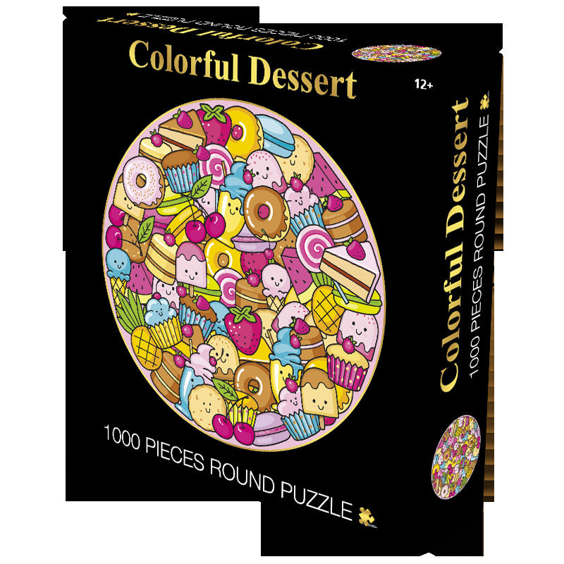 Multi Color Cute Dessert Drawing 1000 Piece Circle Round Jigsaw Puzzles