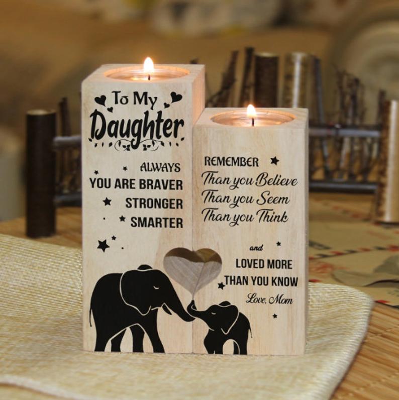 To Daughter Elephant Engraved Wood Heart Candle Holders Birthday Tea Light Holder