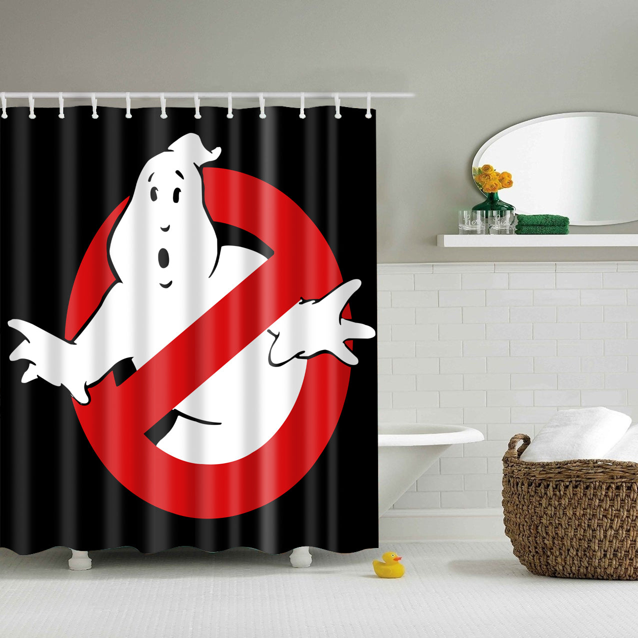 Warning Ghostbusters Print Shower Curtain Black Backdrop Cartoon ...