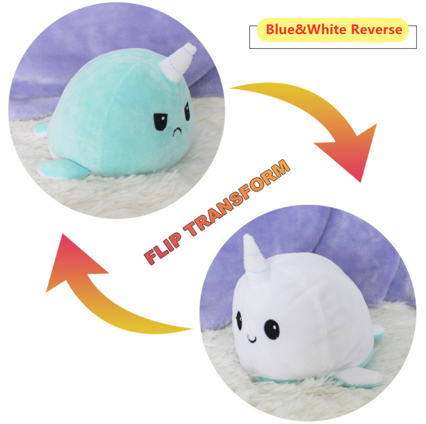 Unicorn Whale Narwhale Stuffed Animal Emotion Mood Changing Happy Angry Mad Reversible Plushies