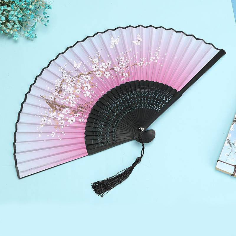Cherry Blossoms Flying Petal Floral Decorative Folding Hand Paper Fan with Tassel